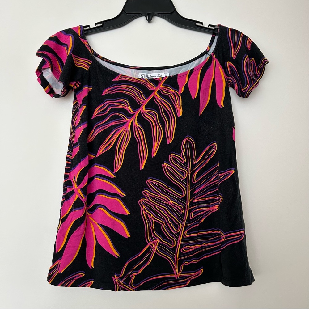 Women’s Black Tropical Print Scoop Neck Top - Pink & Orange